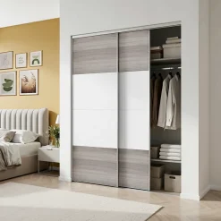 Portes de placard coulissantes 2 vantaux panneaux blancs et effet chêne grisé GoodHome Atomia H. 225 x L. 150 x ép. 5,5 cm