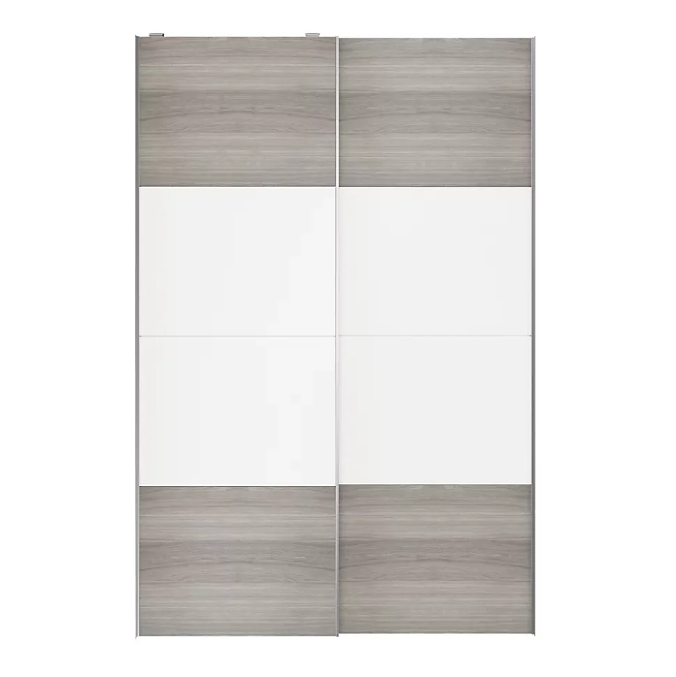 Portes de placard coulissantes 2 vantaux panneaux blancs et effet chêne grisé GoodHome Atomia H. 225 x L. 150 x ép. 5,5 cm