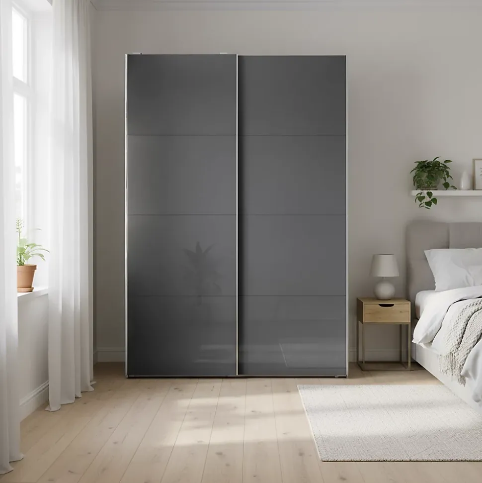 Portes de placard coulissantes 2 vantaux panneaux anthracite brillants GoodHome Atomia H. 225 x L. 150 x ép. 5,5 cm