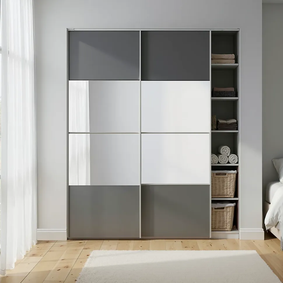 Portes de placard coulissantes 2 vantaux panneaux anthracite brillants et miroir GoodHome Atomia H. 225 x L. 150 x ép. 5,5 cm