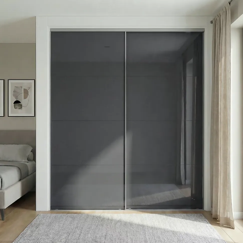 Portes de placard coulissantes 2 vantaux panneaux anthracite brillants GoodHome Atomia H. 225 x L. 200 x ép. 5,5 cm