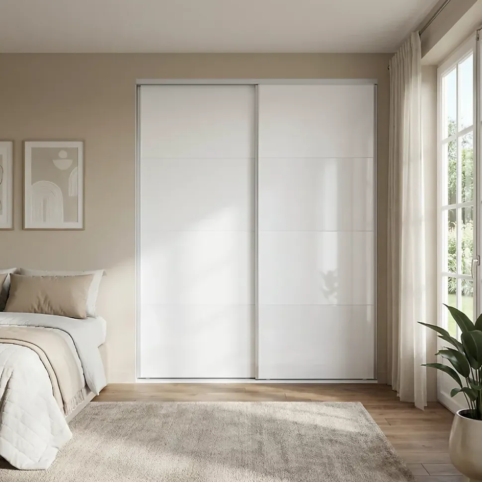 Portes de placard coulissantes 2 vantaux panneaux blancs et blancs brillants GoodHome Atomia H. 225 x L. 200 x ép. 5,5 cm