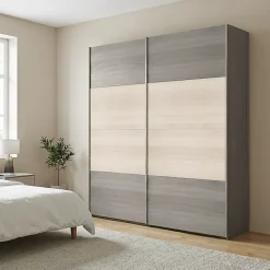 Portes de placard coulissantes 2 vantaux panneaux effet chêne et chêne grisé GoodHome Atomia H. 225 x L. 200 x ép. 5,5 cm