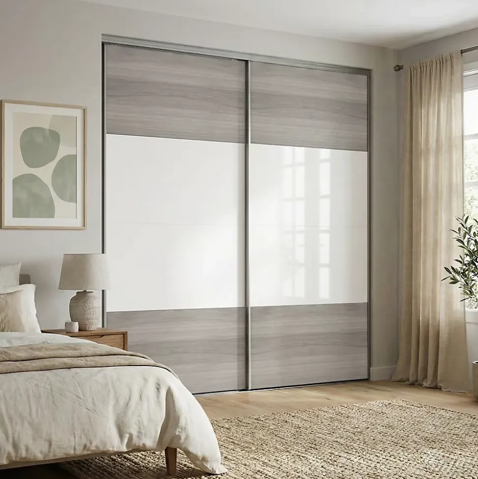 Portes de placard coulissantes 2 vantaux panneaux blancs et effet chêne grisé GoodHome Atomia H. 225 x L. 200 x ép. 5,5 cm