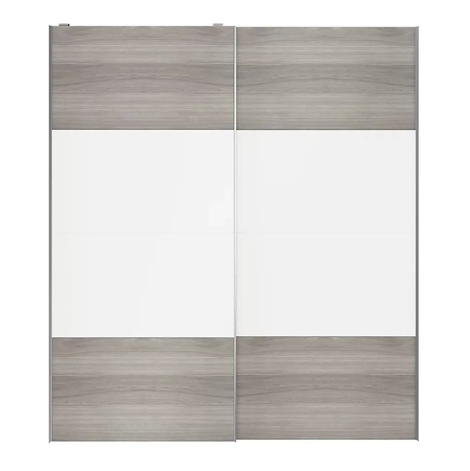 Portes de placard coulissantes 2 vantaux panneaux blancs et effet chêne grisé GoodHome Atomia H. 225 x L. 200 x ép. 5,5 cm