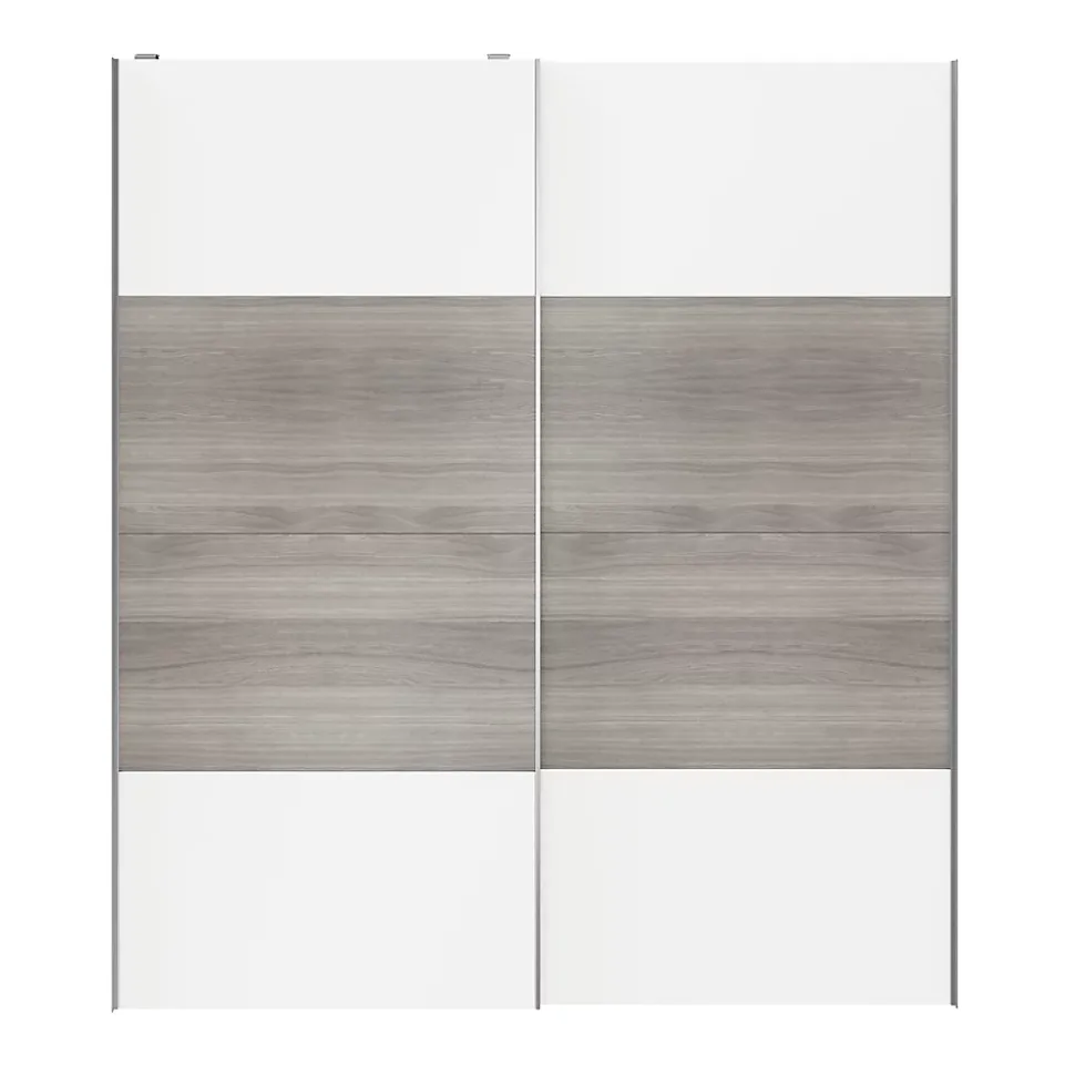 Portes de placard coulissantes 2 vantaux panneaux blancs et effet chêne grisé GoodHome Atomia H. 225 x L. 200 x ép. 5,5 cm