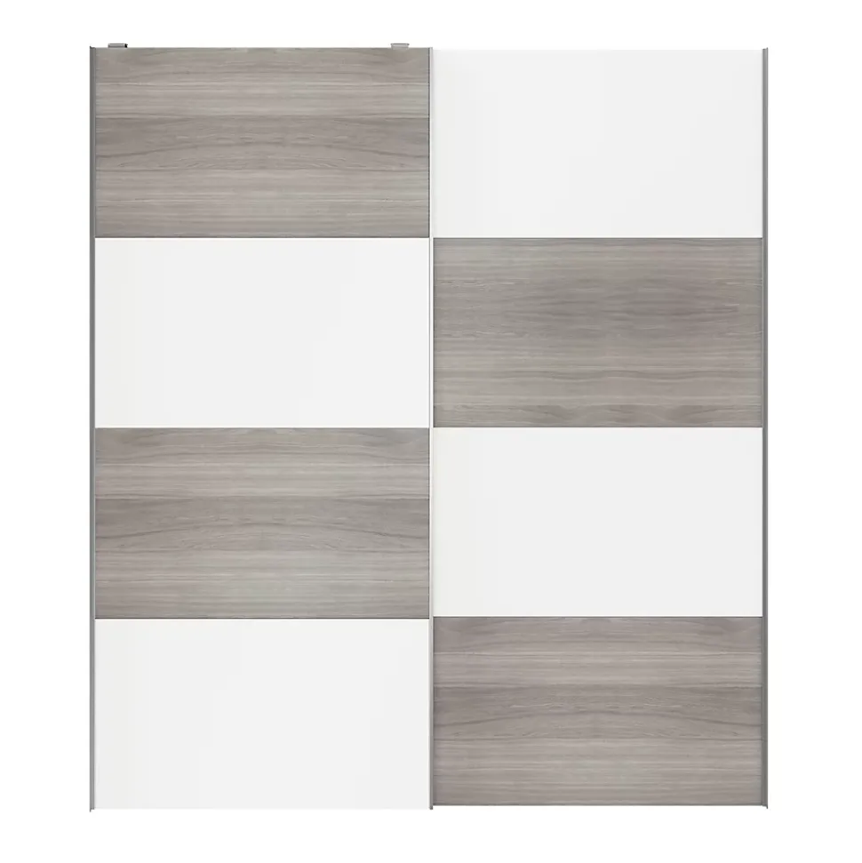 Portes de placard coulissantes 2 vantaux panneaux blancs et effet chêne grisé GoodHome Atomia H. 225 x L. 200 x ép. 5,5 cm