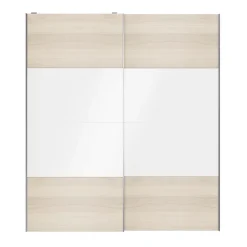 Portes de placard coulissantes 2 vantaux panneaux blancs brillants et effet chêne GoodHome Atomia H. 225 x L. 200 x ép. 5,5 cm