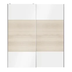 Portes de placard coulissantes 2 vantaux panneaux blancs brillants et effet chêne GoodHome Atomia H. 225 x L. 200 x ép. 5,5 cm