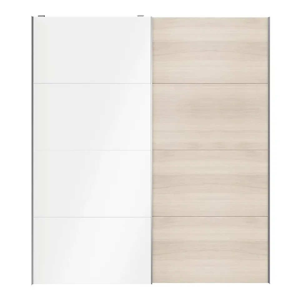 Portes de placard coulissantes 2 vantaux panneaux blancs brillants et effet chêne GoodHome Atomia H. 225 x L. 200 x ép. 5,5 cm