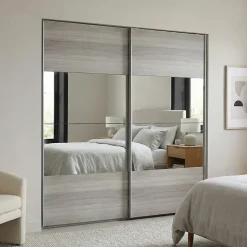 Portes de placard coulissantes 2 vantaux panneaux effet chêne grisé et miroir GoodHome Atomia H. 225 x L. 200 x ép. 5,5 cm