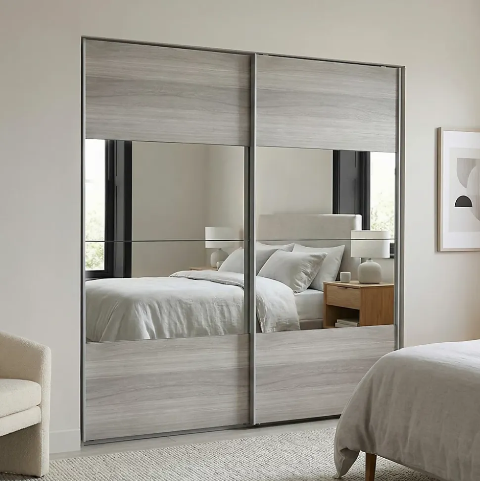Portes de placard coulissantes 2 vantaux panneaux effet chêne grisé et miroir GoodHome Atomia H. 225 x L. 200 x ép. 5,5 cm