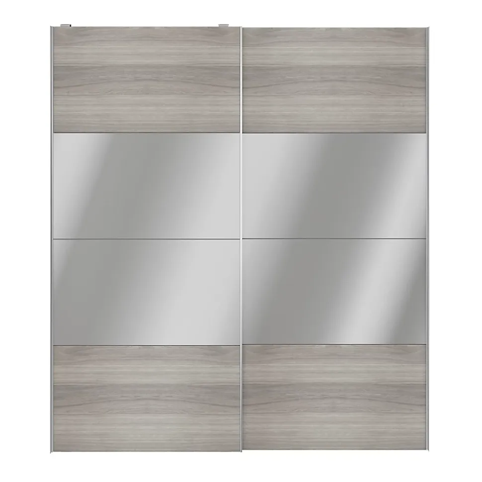 Portes de placard coulissantes 2 vantaux panneaux effet chêne grisé et miroir GoodHome Atomia H. 225 x L. 200 x ép. 5,5 cm