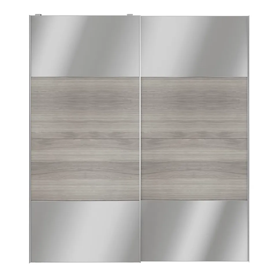 Portes de placard coulissantes 2 vantaux panneaux effet chêne grisé et miroir GoodHome Atomia H. 225 x L. 200 x ép. 5,5 cm