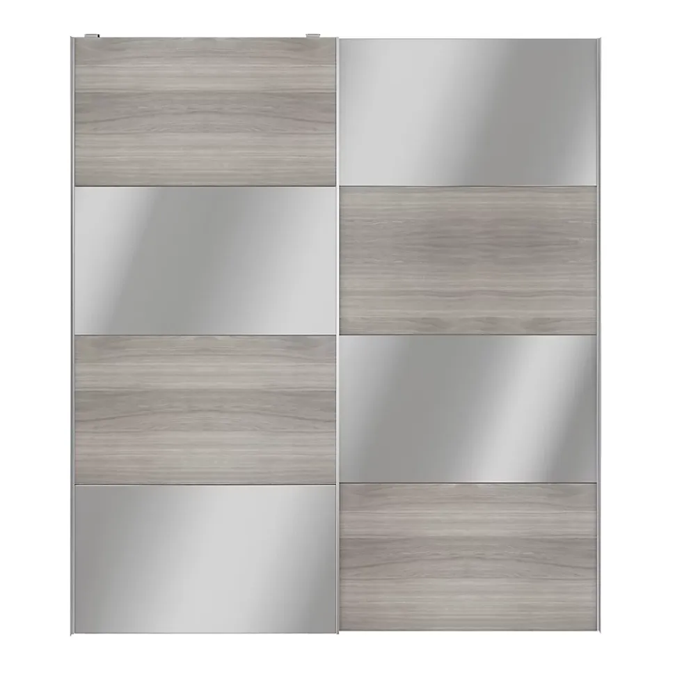 Portes de placard coulissantes 2 vantaux panneaux effet chêne grisé et miroir GoodHome Atomia H. 225 x L. 200 x ép. 5,5 cm