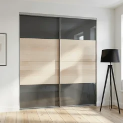 Portes de placard coulissantes 2 vantaux panneaux anthracite brillants et effet chêne GoodHome Atomia H. 225 x L. 200 x ép. 5,5 cm