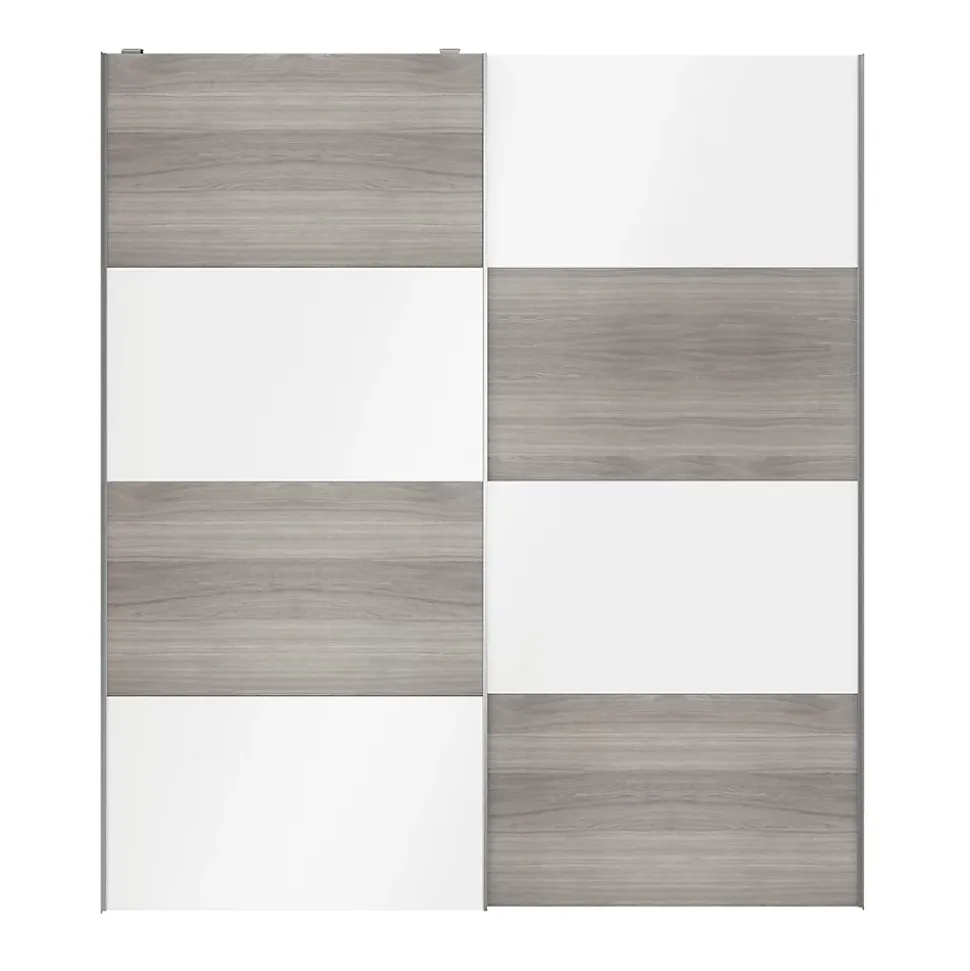 Portes de placard coulissantes 2 vantaux panneaux blancs brillants et effet chêne grisé GoodHome Atomia H. 225 x L. 200 x ép. 5,5 cm
