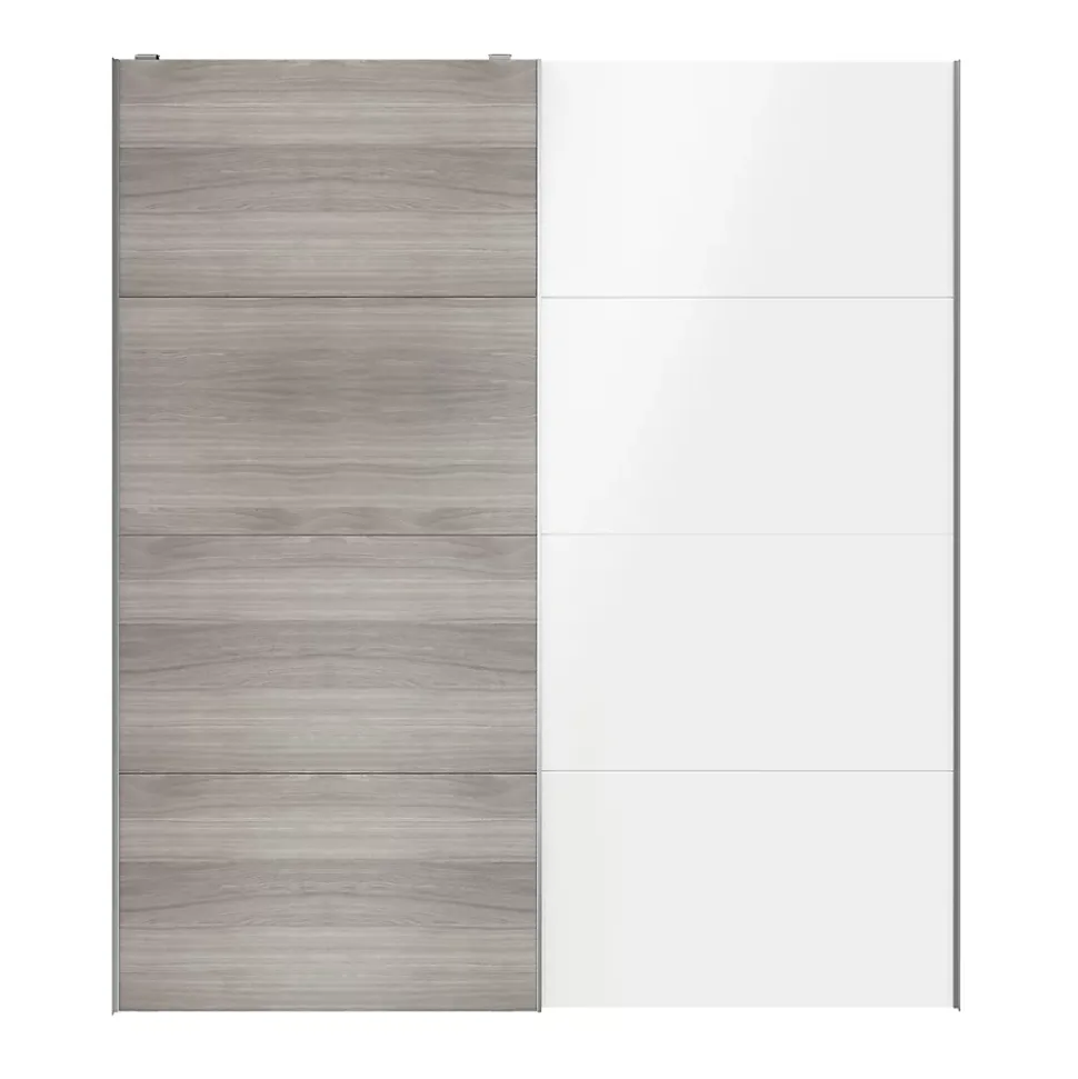 Portes de placard coulissantes 2 vantaux panneaux blancs brillants et effet chêne grisé GoodHome Atomia H. 225 x L. 200 x ép. 5,5 cm
