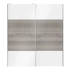 Portes de placard coulissantes 2 vantaux panneaux blancs brillants et effet chêne grisé GoodHome Atomia H. 225 x L. 200 x ép. 5,5 cm