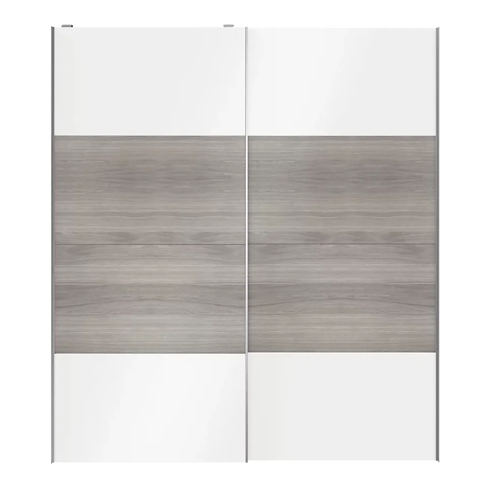 Portes de placard coulissantes 2 vantaux panneaux blancs brillants et effet chêne grisé GoodHome Atomia H. 225 x L. 200 x ép. 5,5 cm