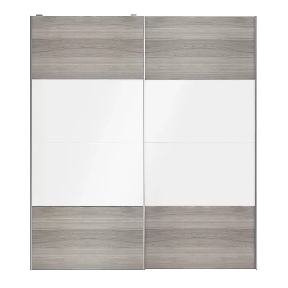 Portes de placard coulissantes 2 vantaux panneaux blancs brillants et effet chêne grisé GoodHome Atomia H. 225 x L. 200 x ép. 5,5 cm