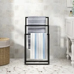 Porte-serviettes sur pied 3 niveaux pour salle de bain et extérieur, étendoir à serviettes de piscine grand format