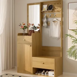 Porte-vêtements D'entrée Avec Miroir - Rangement Chaussures Et Manteaux - Bois 105 Cm