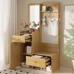 Porte-vêtements D'entrée Avec Miroir - Rangement Chaussures Et Manteaux - Bois 105 Cm