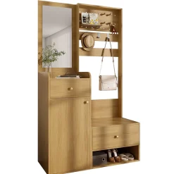 Porte-vêtements D'entrée Avec Miroir - Rangement Chaussures Et Manteaux - Bois 105 Cm