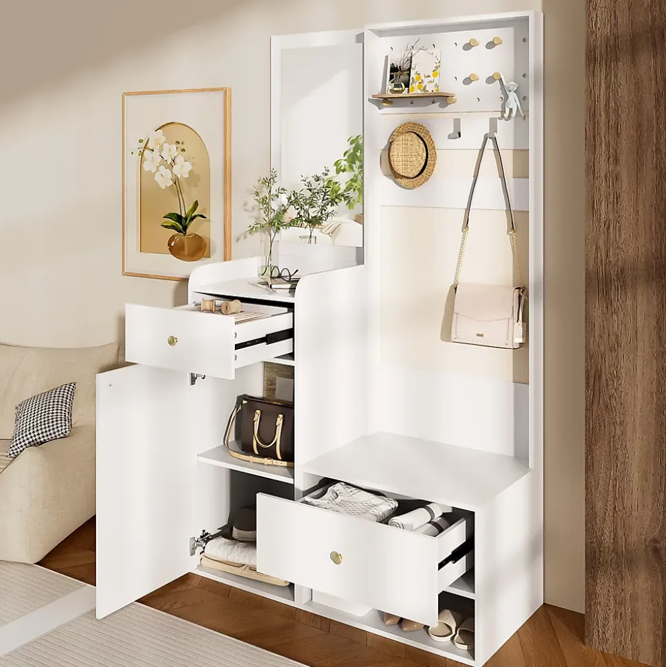 Porte-vêtements D'entrée Avec Miroir - Rangement Chaussures Et Manteaux - Blanc 105 Cm