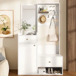 Porte-vêtements D'entrée Avec Miroir - Rangement Chaussures Et Manteaux - Blanc 105 Cm