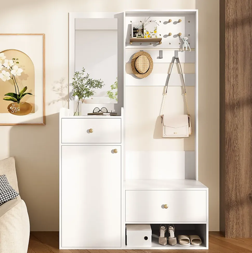 Porte-vêtements D'entrée Avec Miroir - Rangement Chaussures Et Manteaux - Blanc 105 Cm