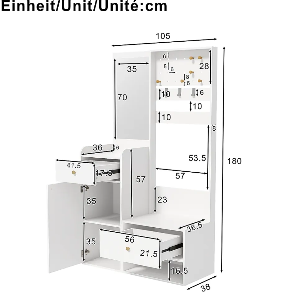 Porte-vêtements D'entrée Avec Miroir - Rangement Chaussures Et Manteaux - Blanc 105 Cm