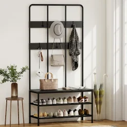 Porte-vêtements 3-en-1 Avec Banc - Rangement Chaussures, Cintres - Noir