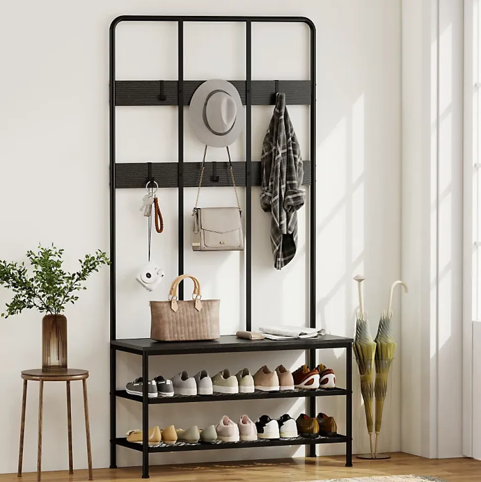 Porte-vêtements 3-en-1 Avec Banc - Rangement Chaussures, Cintres - Noir