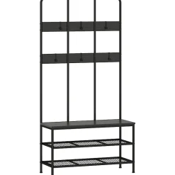 Porte-vêtements 3-en-1 Avec Banc - Rangement Chaussures, Cintres - Noir