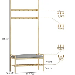 Porte-vêtements En Bambou Avec Banc à Chaussures - Cintres, Coussin - Style Naturel