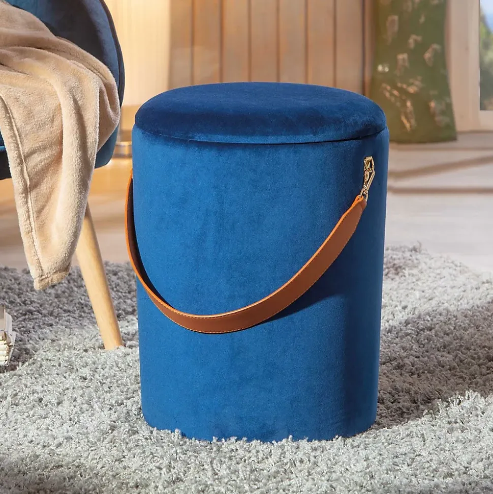 Pouf Coffre en Velours à Sangle "Yola" 45cm Bleu