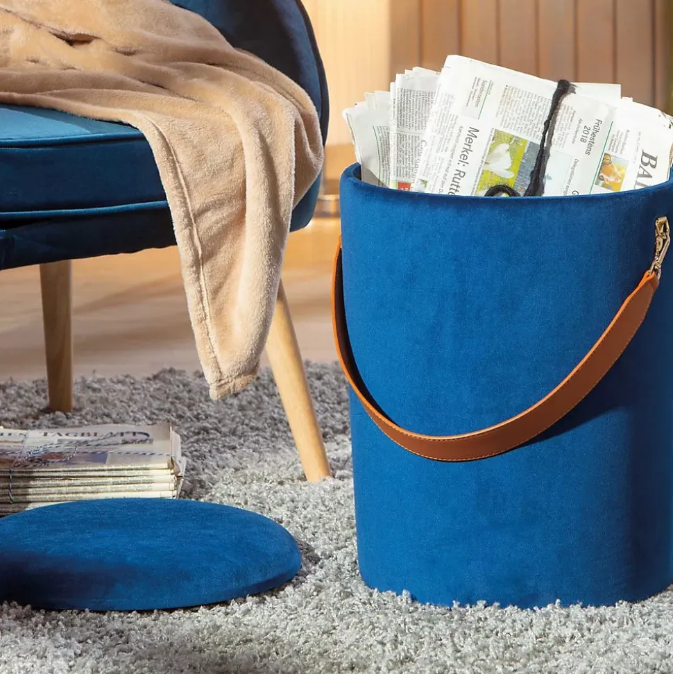 Pouf Coffre en Velours à Sangle "Yola" 45cm Bleu