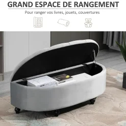 Pouf de rangement coffre 2 en 1 - pouf design classique chic capitonné demi-cercle - pieds bois hévéa noir revêtement velours gris