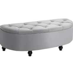 Pouf de rangement coffre 2 en 1 - pouf design classique chic capitonné demi-cercle - pieds bois hévéa noir revêtement velours gris