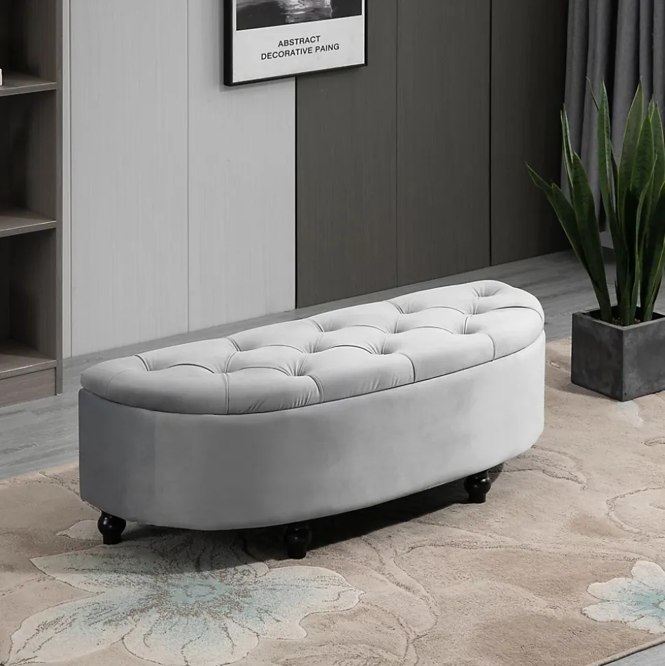 Pouf de rangement coffre 2 en 1 - pouf design classique chic capitonné demi-cercle - pieds bois hévéa noir revêtement velours gris
