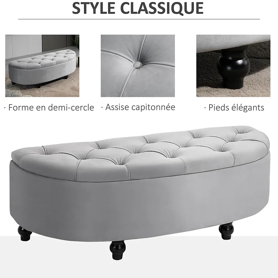 Pouf de rangement coffre 2 en 1 - pouf design classique chic capitonné demi-cercle - pieds bois hévéa noir revêtement velours gris