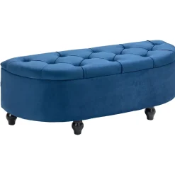 Pouf de rangement coffre 2 en 1 - design classique chic capitonné demi-cercle - pieds bois noir revêtement velours bleu roi