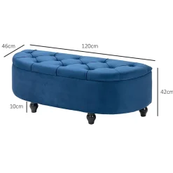 Pouf de rangement coffre 2 en 1 - design classique chic capitonné demi-cercle - pieds bois noir revêtement velours bleu roi