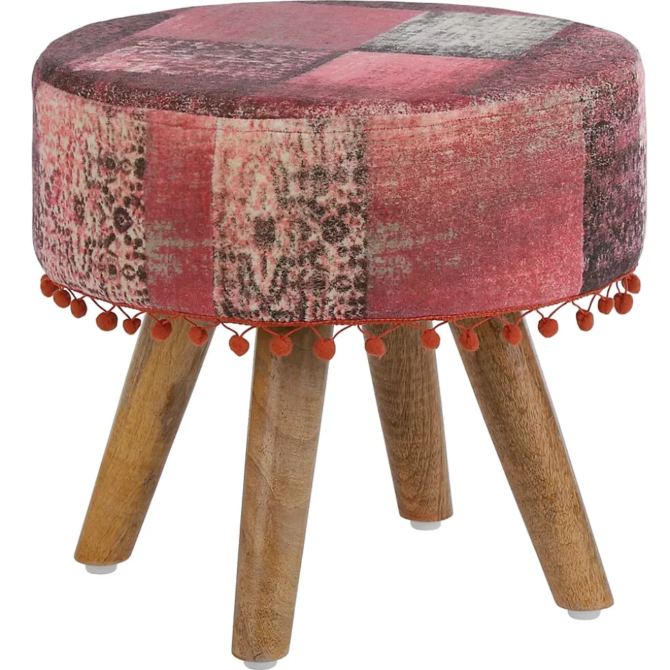 Pouf decoratif assise WOMO-DESIGN 38x36 cm rouge ronde rembourre tissu pieds bois style boheme