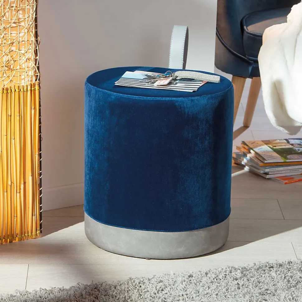 Pouf Design en Velours à Poignée "Laly" 43cm Bleu