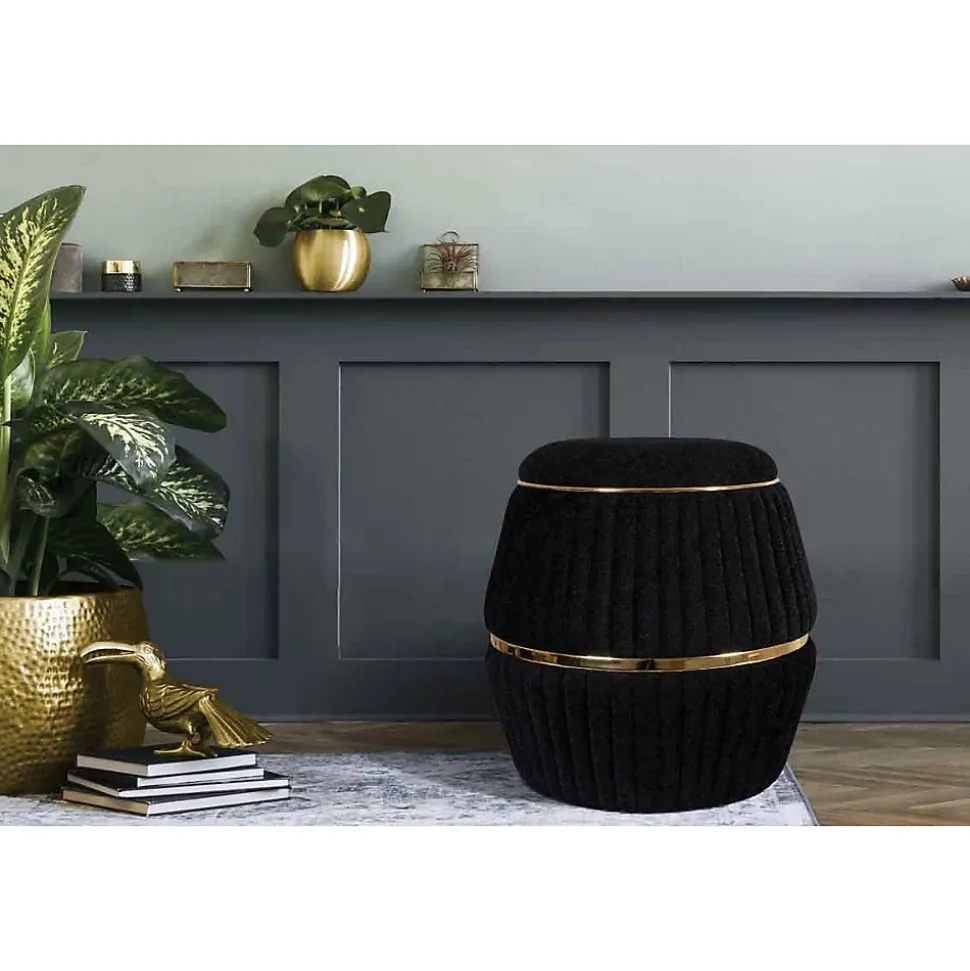Pouf Matelassé Design "Doric" 53cm Noir & Or