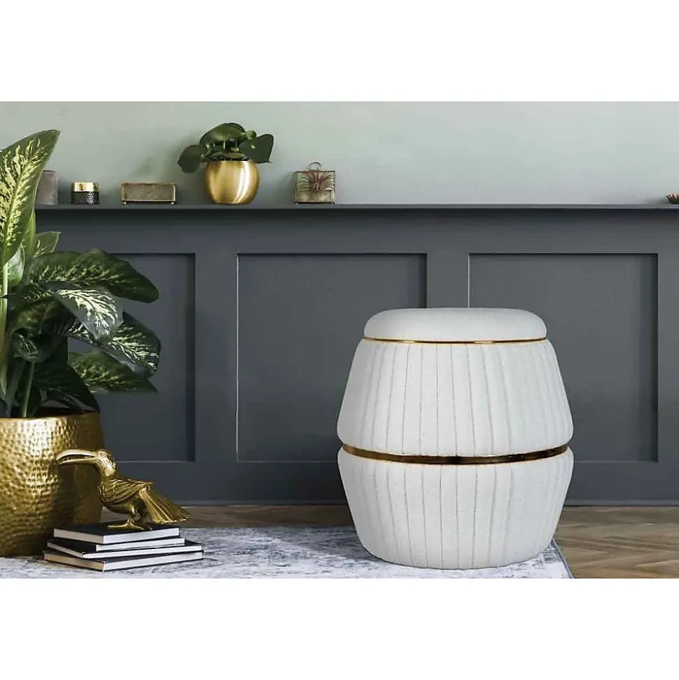 Pouf Matelassé Design "Doric" 53cm Blanc & Or