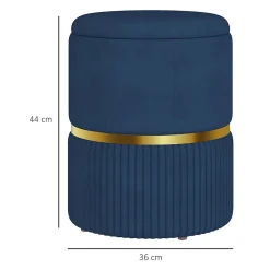 Pouf repose-pied tabouret design avec coffre de rangement velours côtelé acier brossé doré bleu foncé